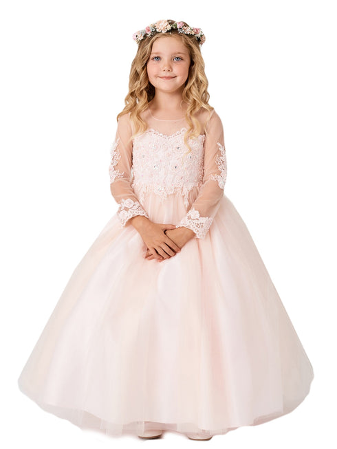 Girls Multi Color Lace Applique Long Sleeves Train Communion Dress 2-14 - SophiasStyle.com